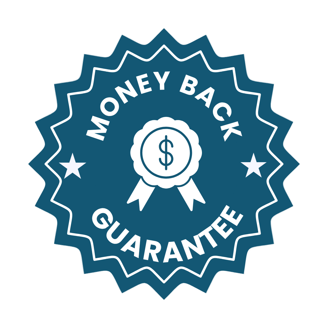 Money back guarantee badge with a blue background